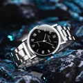 Detailed macro view of Genua men's quartz watch with roman numerals on black rock background - GD253 Roman Numeral Black Dial