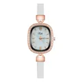 Detailed macro view of the oval rose gold watch case with crystal-set bezel and marble dial - Shell Roman White