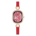 Detailed view of women's quartz watch with pink marble dial and rose gold rhinestone bezel - Shell Roman Red