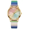 Rainbow gradient women's quartz watch with gold case and matching pastel leather strap - Style A