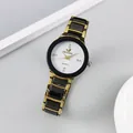 Close-up of elegant women watch with rhinestone markers and black gold link bracelet - White Women's