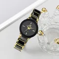 Elegant women's quartz watch with black dial, gold hands and diamond markers - Black Women's Style