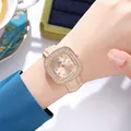 Close-up of elegant rose gold quartz watch with diamond bezel and beige leather strap - Gold Case Apricot