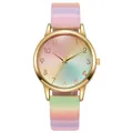 Montre femme chic avec dégradé arc-en-ciel, boîtier doré et bracelet cuir macaron - Style E