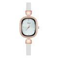 Close-up of elegant rose gold oval watch case with white crystals and white leather strap - Four Diamonds Eight Nails White