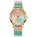 Montre à quartz élégante pour femme avec boîtier doré et bracelet en cuir dégradé arc-en-ciel - Style F