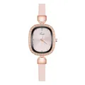 Close-up of elegant rose gold oval watch with rhinestone bezel and pink leather strap - Four Diamonds Eight Nails Pink