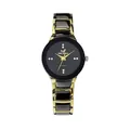 Elegante reloj de cuarzo para mujer en oro y negro con índices de strass y metal - Modelo Mujer Esfera Negra
