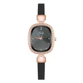 Detail of rose gold oval watch with crystal bezel and slim black leather strap - Four Diamonds Eight Nails Black