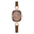 Detailed macro of vintage rose gold oval watch case with sparkling crystal bezel - Four Diamonds Eight Nails Brown