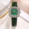 Close-up of Tadi green dial watch with rhinestone bezel and emerald leather strap - Silver Case Green Dial