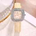Detailed view of women's quartz watch with crystal bezel and faux crocodile leather strap - Silver Case Beige