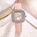 Detail of pink crystal watch featuring a square diamond bezel and alligator leather strap - Silver Shell Pink