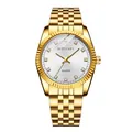 Detalle de primer plano de un reloj de cuarzo dorado con esfera solar e índices de diamantes - Blanco Hombres
