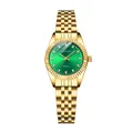 Dettaglio dell'orologio al quarzo dorato con quadrante verde soleil e indici in strass - Verde donna
