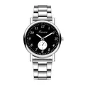 Close-up of silver steel watch with black dial and white Arabic numerals - GD275 One Sub-dial Black Dial
