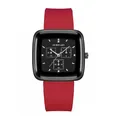Chic square quartz watch with red silicone strap and black three-eye decorative dial - Red