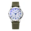 Macro view of olive green leather strap and silver watch case with white dial detail - White Dial Blue Index Green Strap