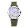 Fashionable waterproof quartz watch with starburst dial and green leather strap - White Dial Gold Index Green Strap