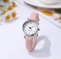 Detailed macro view of a pink leather watch strap and white quartz dial with daisy props - Print Pink