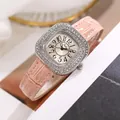 Macro detail of Tadi women's quartz watch featuring sparkling crystals and pink leather strap - Silver Shell Pink