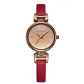 Detail of red leather strap and rose gold watch case with crystal accents and sunray dial - Red