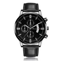 Men's quartz watch with black dial, silver metal case and black textured leather strap - Black Face Black Strap