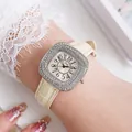 Close-up of elegant square watch with sparkling rhinestones and beige leather strap - Silver Case Beige