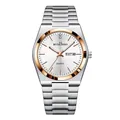 Macro view of men's quartz watch with dual calendar display and silver stainless steel strap - Rose Gold/White