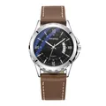 Men's quartz watch with brown leather strap, silver case and black starburst dial - Black Face Brown Strap