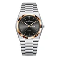 Detail of luminous quartz watch face with day-date window and two-tone steel strap - Rose Gold/Black