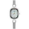 Detail of oval dial with pearlescent texture and silver mesh band women watch - Roman White