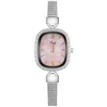 Macro shot of oval watch with crystal bezel and pink mother of pearl dial detail - Roman Pink