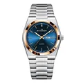 Detailed macro of the blue dial quartz watch with day-date display and steel strap - Rose Gold/Blue