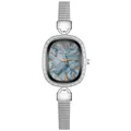 Detailed close-up of oval quartz watch with blue marble dial and crystal bezel - Roman Black