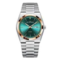 Close-up of green gradient dial with dual calendar display and silver steel band - Rose Gold/Green