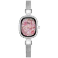 Detail of silver mesh band watch with pink marble dial and rhinestone bezel - Roman Red