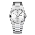 Primer plano de reloj para hombre en acero inoxidable plateado con esfera blanca y fecha. - Plateado/Blanco
