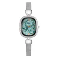 Detailed macro view of an oval turquoise dial watch with a silver mesh strap and crystal bezel - Roman Green