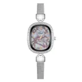 Detail of silver mesh band watch with rhinestone oval case and marble textured dial - Roman Brown