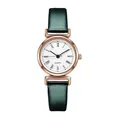 Detailed view of rose gold quartz watch with Roman numerals and green leather strap - Dark Green