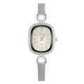 Detail of silver oval quartz watch with rhinestone bezel and stainless steel mesh strap - 12-Number White