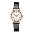 Detailed close-up of white quartz watch face with Roman numerals and black leather strap - Black