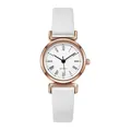 Close-up of the elegant white quartz watch face with rose gold case and Roman numerals - White