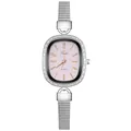 Close-up of women's silver mesh watch with pink shell dial and rhinestone bezel - 12-Number Pink