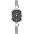 Detailed close-up of oval silver watch with rhinestone bezel and mesh bracelet strap - 12-Number Black
