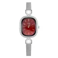Detail of elegant silver mesh strap watch with red sunburst dial and rhinestone bezel - 12-Number Red