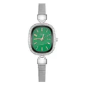 Detail of silver mesh band and green dial quartz watch with crystal-encrusted oval case - 12-Number Green