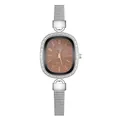 Close-up of elegant oval quartz watch with brown dial, crystal bezel and silver mesh strap - 12-Number Brown
