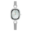 Detail of silver quartz watch featuring oval rhinestone bezel and mesh metal strap - Four-Diamond White